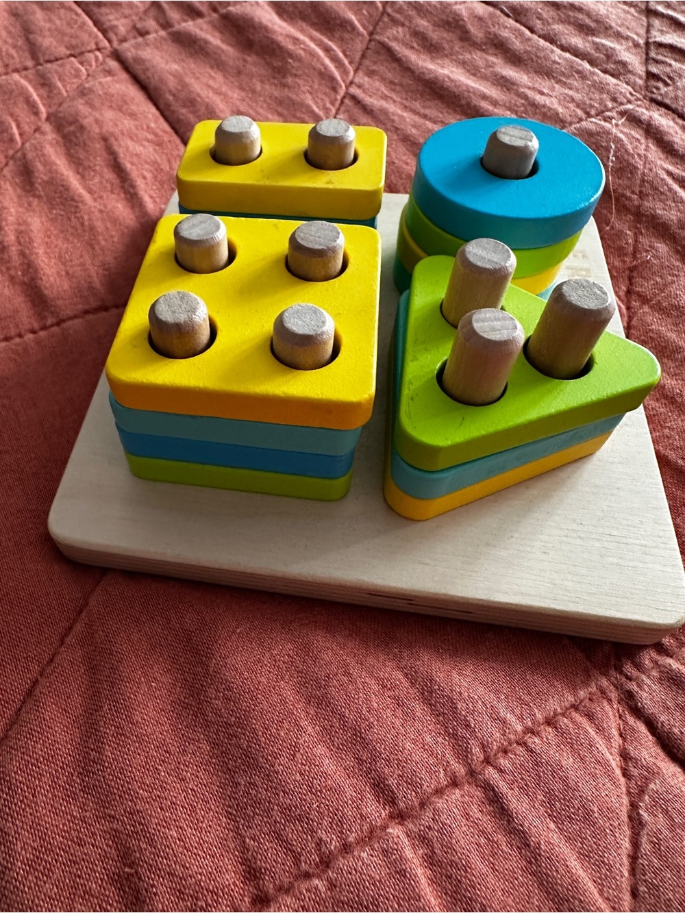 LOVEVERY Wooden Shape Stacking Puzzle - Yellow, Blue & Green